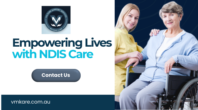 Caregiver assisting an elderly woman in a wheelchair representing NDIS disability support services in Sydney with a “Contact Us” call-to-action.